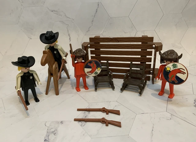 Vintage 1974 Playmobil Geobra Western Cowboys & Indians Figures Horses Chairs