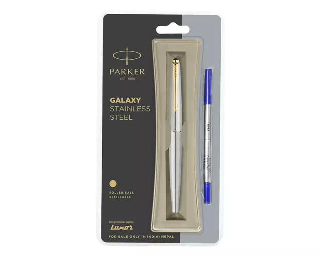 Stylo Roller Parker Galaxy Acier Inoxydable Gold Trim GT Encre Bleue