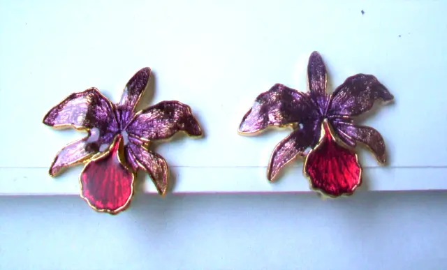 Gold Plate Enamel Floral Flower Orchid CLIP Earrings- PURPLE/PINK COLOR ENAMEL