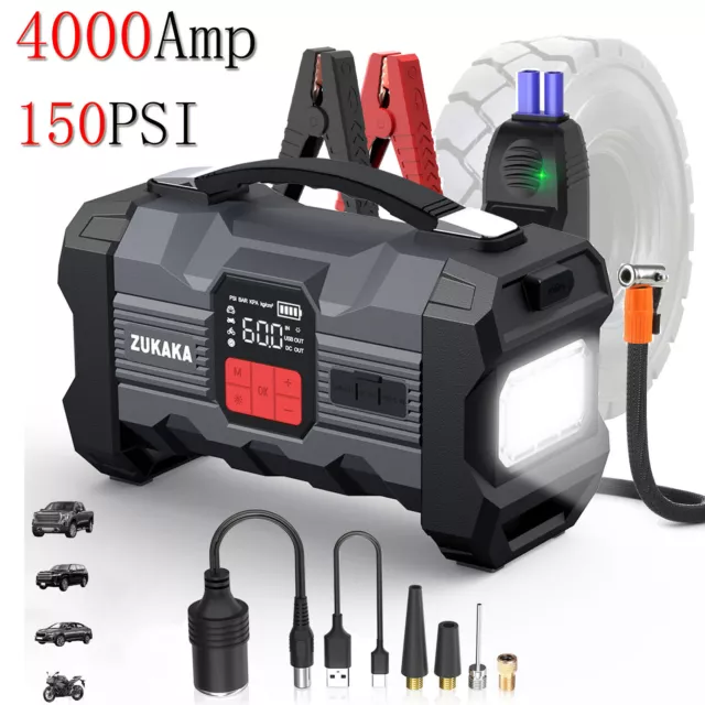 4000A Car Jump Starter Battery Booster Charger +Air Compressor inflator pump LED