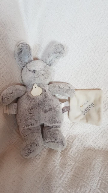 Doudou Et Compagnie Doudou Lapin Gris Perle Mouchoir J'aime Mon Doudou Etat Neuf