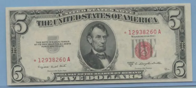 FIVE DOLLAR BILL STAR NOTE *12938260A  1953b  RED SEAL UNC  1 5.00 BILL MINT