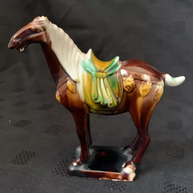 Chinese Dark Brown Sancai Tricolour Tang Horse Tomb Ornament 13.5cm