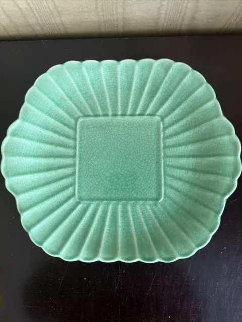 Vintage Very Unique Green Stoneware Scalloped Serving Platter