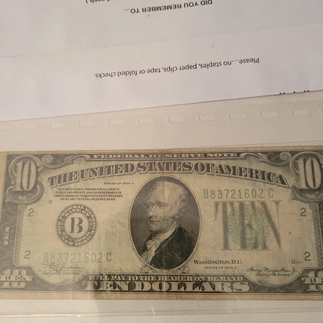 1934 A $10 DOLLAR BILL GREEN SEAL FEDERAL RESERVE NOTE New York Nice!