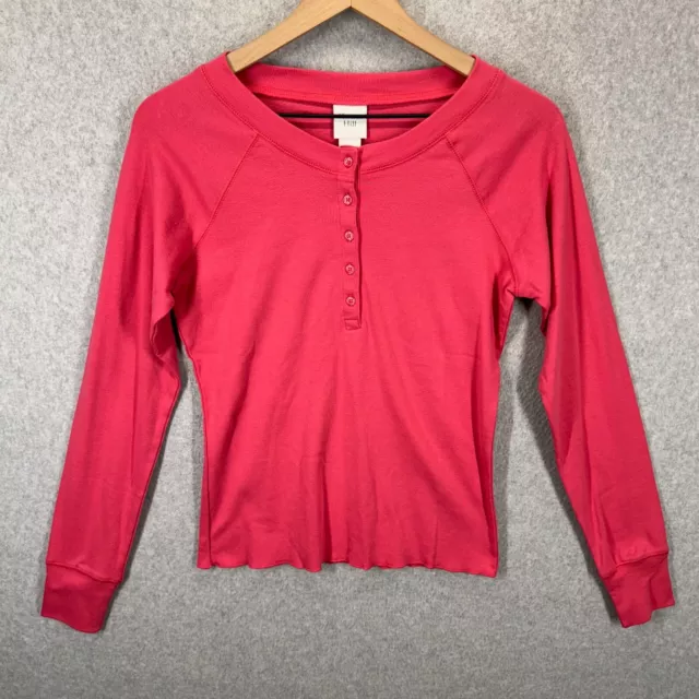 Garnet Hill Dark Pink Long Sleeve Half Button Cotton T-Shirt Size Small NWT