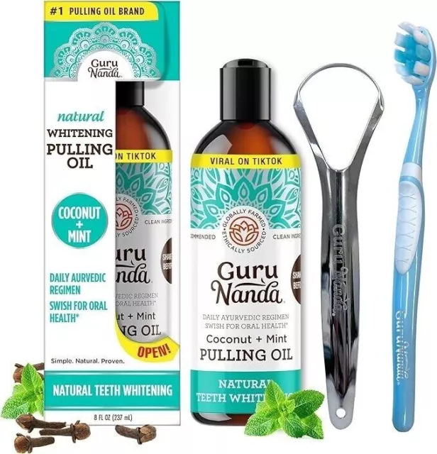 Gurunanda Oil Pulling (8 Fl.Oz) Set with Coconut Oil and Peppermint Oil for Oral