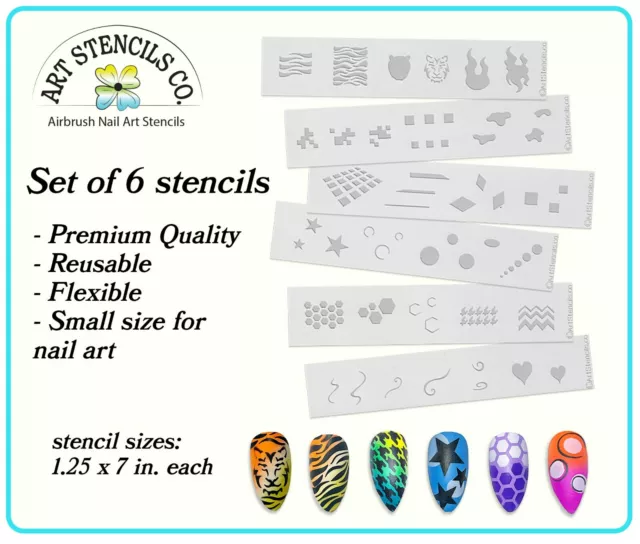 Airbrush Nail Art Design Stencil Strips 6 pc Set Prints and Patterns