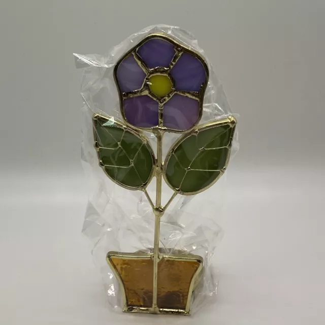 Vintage Stained Glass Tea light Candle Holder Purple Flower Gold-tone NIB