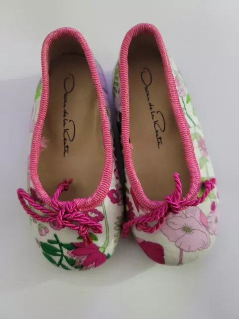Oscar de la Renta Baby Girl Floral Ballet Flat Shoes Pink Green Sz 4 (9-12m)