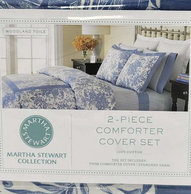 Martha Stewart TWIN Floral Duvet Cover Set White/ Blue Woodland Toile NIP