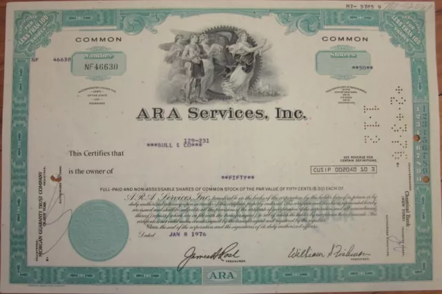 ARA Services, Inc. 1976 Stock Certificate, Aqua, Less Than 100 Shares