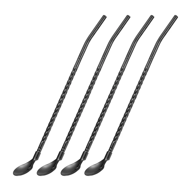 4Pcs 8.6" Stainless Steel Spoon Straws Reusable Twist Handle Spoon, Black