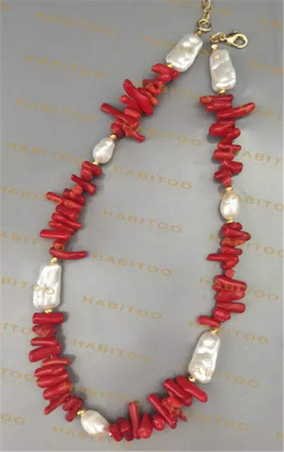Red Coral bead natural real freshwater baroque pearl choker short Necklace