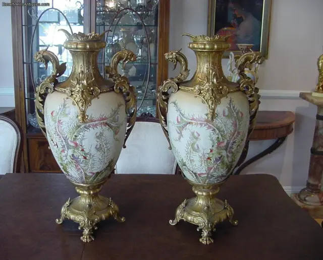 Superb Antique German Palace Urns Gilt Metal Griffins Raised Gold Earthen Ware