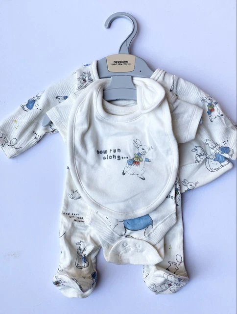 M&S Baby Unisex Cream Peter Rabbit Bodysuit Hat Bib Vest Gift Set BNWT - Newborn