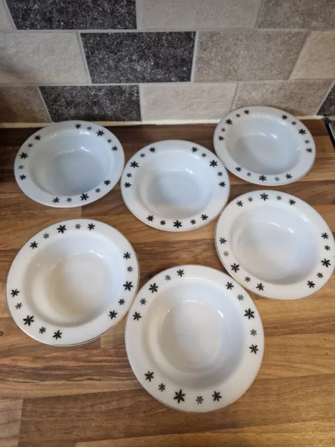 6 X Retro Vintage JAJ Pyrex "Gaiety Snowflake" Pasta / Soup Rimmed Bowls Dishes