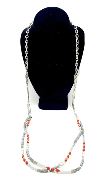 Premiere Designs Long Red & Blue Beaded Silvertone Necklace