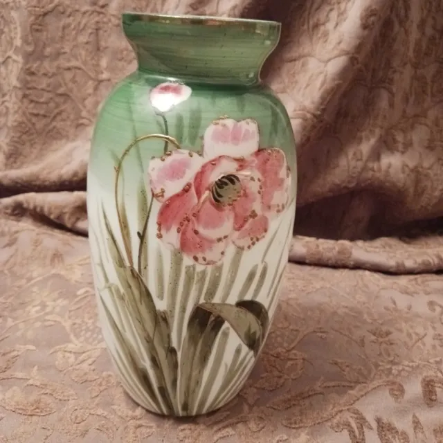 Vintage 9" H White Opaline Glass Vase Hand Painted / Pink Rose Green, Gold Trim