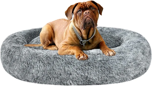 Oval Calming Donut Cuddler Dog Bed,Shag Faux Fur Cat Bed Washable round Pillow P