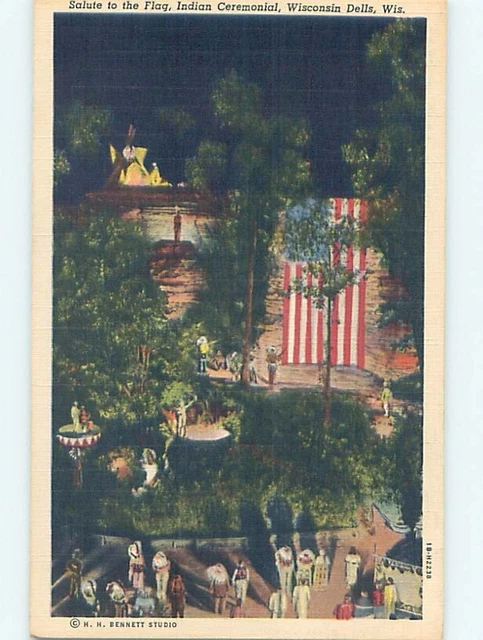 Unused Linen Patriotic FLAG SALUTE AT INDIAN CEREMONY Wisconsin Dells WI HM9560