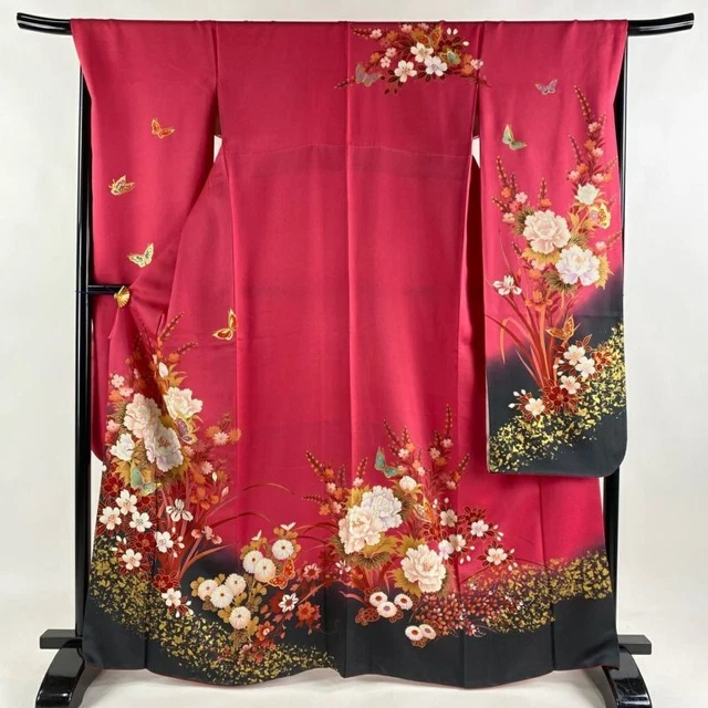Woman Japanese Kimono Furisode Silk Peony Butterfly Gold Foil Dark Pink