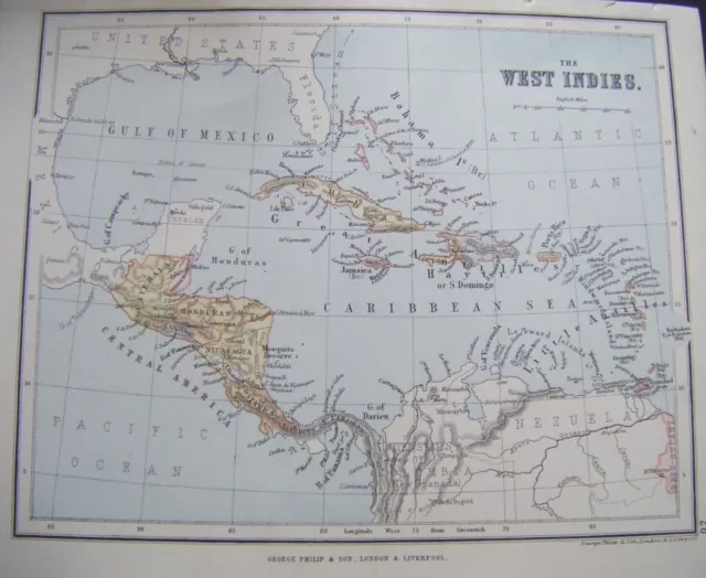 Original 1886 Antique Map of WEST INDIES