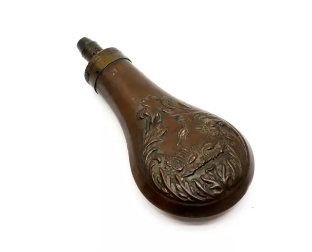 Antique 19th Century Copper & Brass Hunting Powder Flask - Repousse Game Bird 2