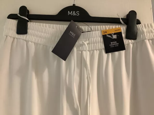 M&S Crepe Wide Leg Cropped Trousers, High Rise, Ivory, 24 Reg/Short, Drawcord