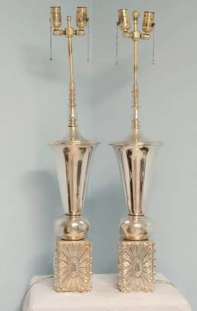 Hollywood Regency Silvered  Plate Trumpet Urn Table Lamps 25” Pair