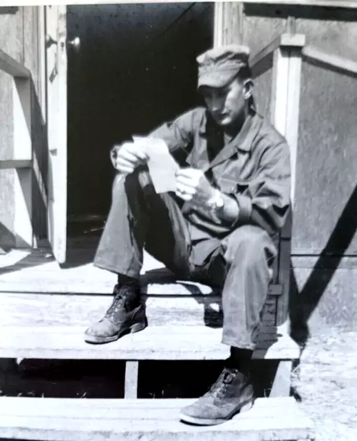 WWII Era Soldier in Uniform Reading a Letter on Barack's Steps Original Photo