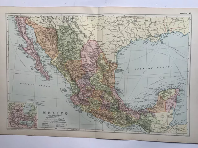 1913 Mexico Original Antique Map by G.W. Bacon 108 Years Old