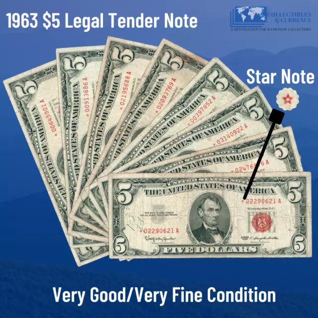✔ One 1963 Red Seal $5 Legal Tender Star Note, VG/VF, Old US Five Dollars Bill