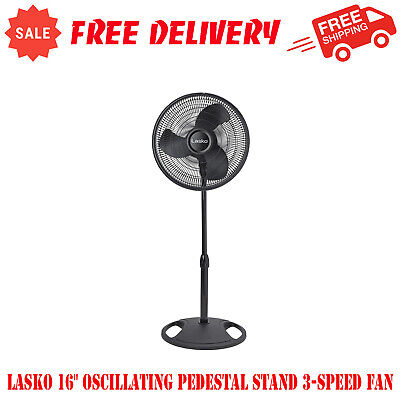 Lasko 16" Oscillating Pedestal Stand 3-Speed Fan, Simple No-Tool Assembly, Black
