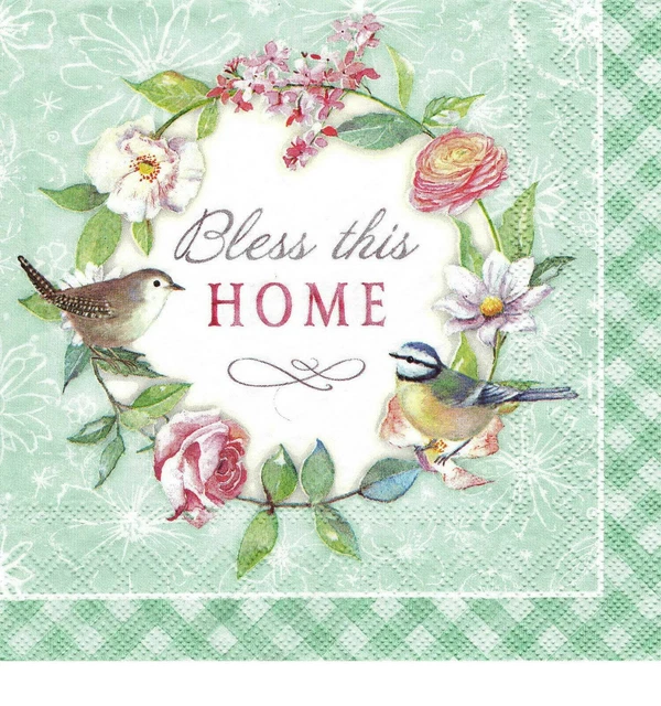 3 Servietten Blumen Kranz Vögel Bless this Home Schütze diese Haus 💙