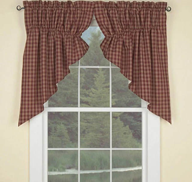 Wine Sturbridge Gathered Swag Prairie Curtains Primitive Plaid Country 72Wx36L