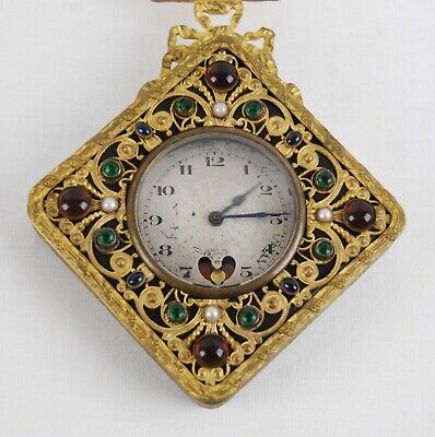 Vintage French Hanging Wall Clock Gilt Gold Brass Jeweled (Lancel)