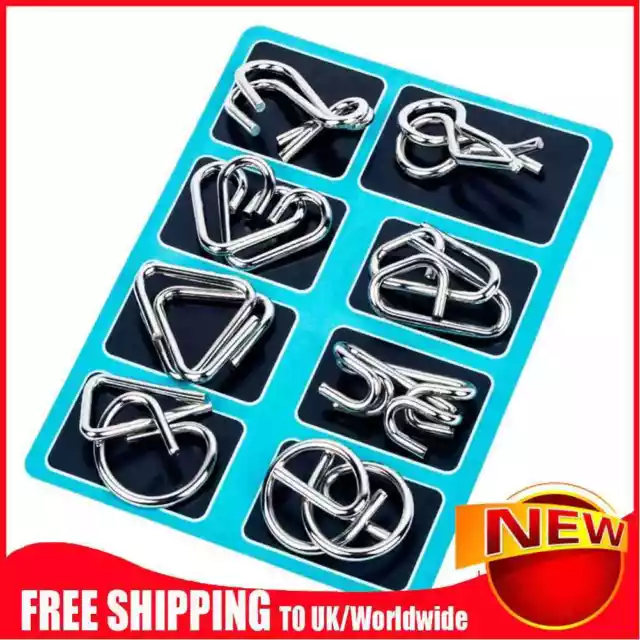 8pcs Blue Metal Wire Puzzle IQ Mind Brain Teaser Puzzles Game for Adult Children