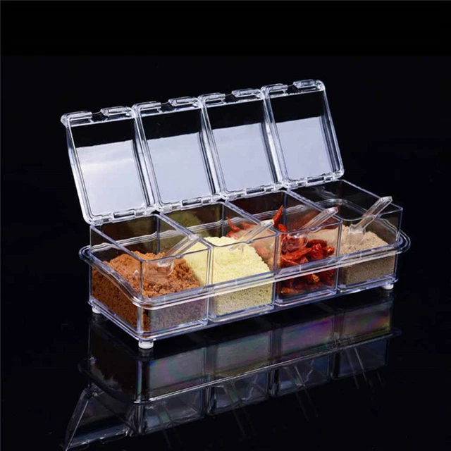 Storage Condiment Seasoning Dispenser Box with Spice Jar Spoons Container Acrlic