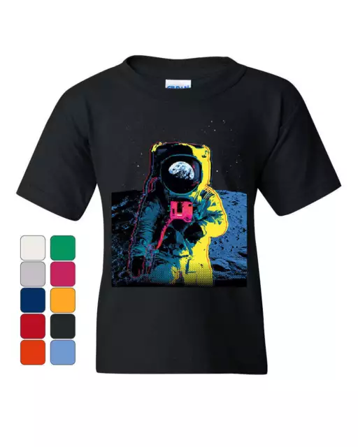 Neon Astronaut Youth T-Shirt Moon Landing Space Travel Universe Earth Kids Tee