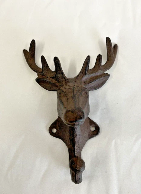 Cast Iron Moose Elk Deer Head Antler Bust Wall Mount Hook Mtn Cabin NO SCREWS