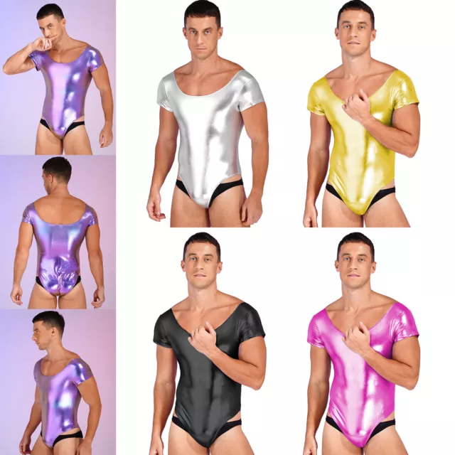 Men Shiny Metallic Bodysuit Dancewear High Cut Thong Leotard Swimsuit Clubwear 3