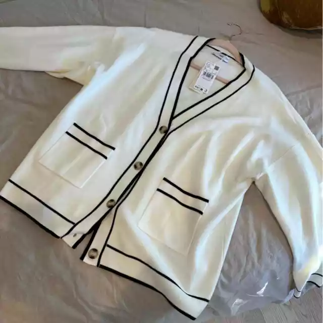 NWT Mango Contrast Trims Cardigan in White Sz XL Oversized Knit Sweater Women