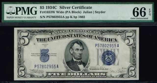 $5 1934C Silver Certificate. PA Block. PMG 66 EPQ. Premium Quality Note