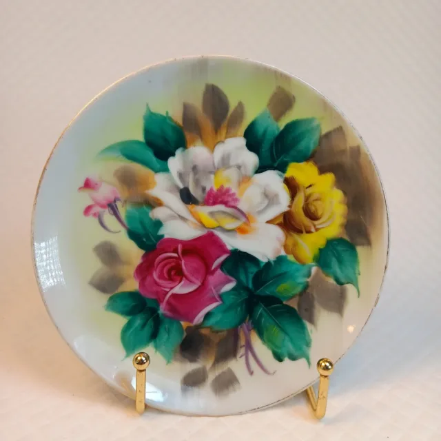 Vintage Lefton China Hand Painted Roses Plate, Approx 6" Pink Yellow White