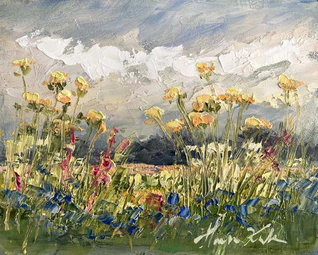 LANDSCAPE FIELD FLOWERS Oil Painting Impressionism Margaret Raven Kruk