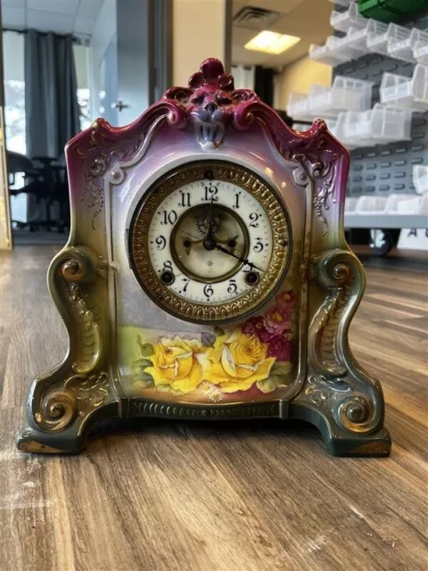 Gorgeous Ansonia Royal Bonn "La Cannes" Porcelain Mantel Clock circa 1904