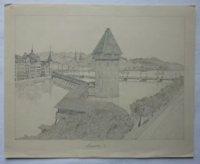 BLEISTIFT ZEICHNUNG Luzern Kapellbrücke vor 1910 ca. 24 x 19,5 cm Karl Ehlers 2