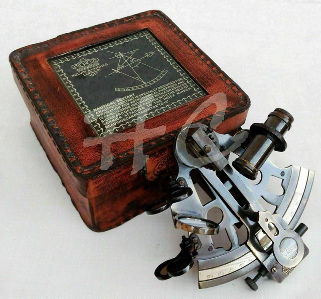 Messing Antik Oberfläche Marine Viktorianisch Reisen Sextant Glas Top Lederetui