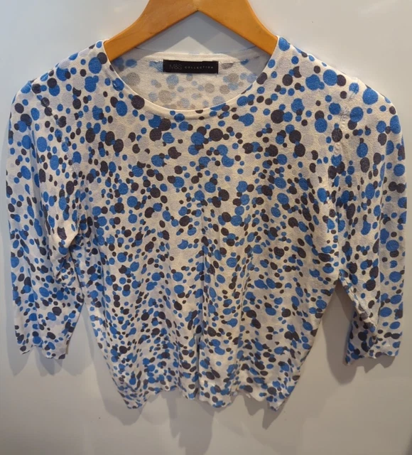M&S Collection Women's White/ Blue Dot Print Round Neck 3/4 Sleeve Jumper 12